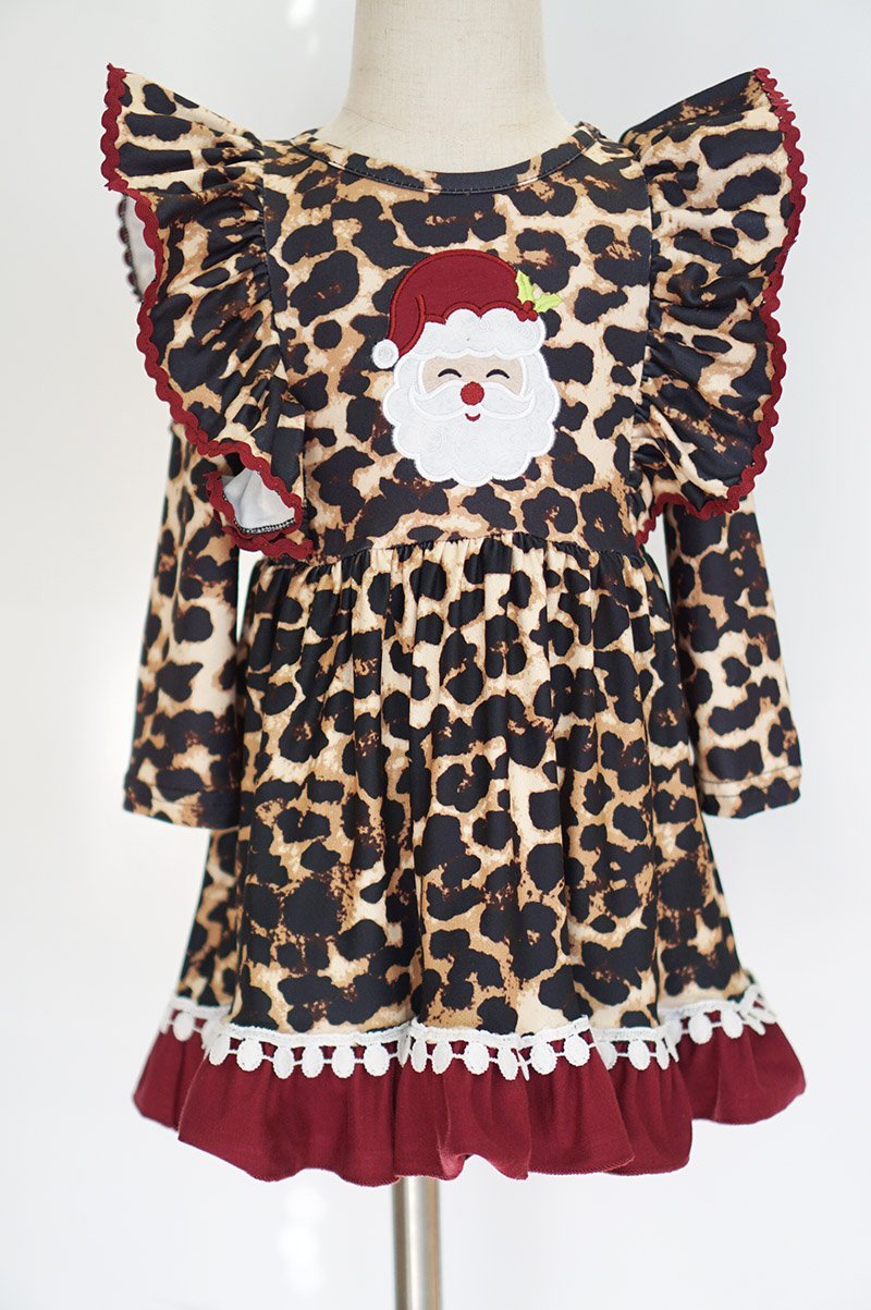 Leopard Maroon Santa Applique Ruffle Dress